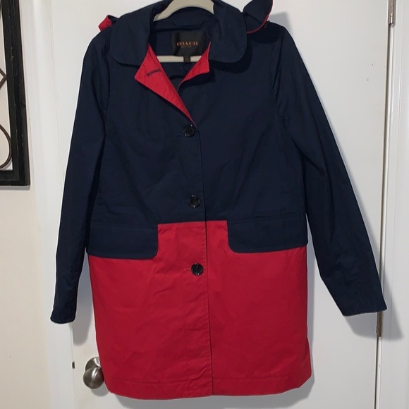 Coach Navy Red Colorblock Mac Women’s Trench coat Hooded Jacket Size M - Picture 1 of 9